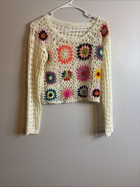 debut Cream Crochet Open Knit Sweater with Multicolor Flower Patches